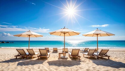 Idyllic Beachfront with Empty Loungers Under a Brilliant Starburst Sun.