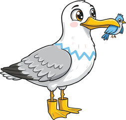 Adorable Cartoon Seagull Holding Cute Blue Bird – Fun Animal Character Illustration for Kids Books, Posters, Stickers, and Educational Design