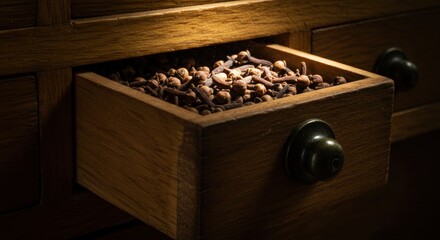 picture of cloves | A close-up view of an open wooden drawer filled with aromatic spices, showcasing the rich texture of cloves and the warm, inviting ambiance of a rustic kitchen