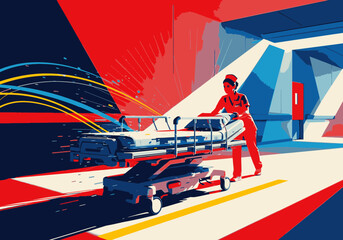 A nurse in a red uniform urgently pushes an empty gurney down a stylized hospital corridor.