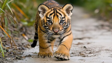 A tiger cub walking along a dirt path in a lush green jungle setting