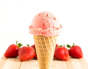 Pink ice cream scoop in waffle cone with fresh strawberries