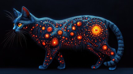 Intricate and enchanting full-length drawing of a whimsical cat with amber eyes adorned with elaborate patterns on a black background