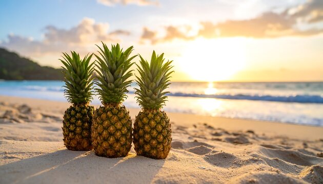 Three pineapples on a sandy beach at sunset