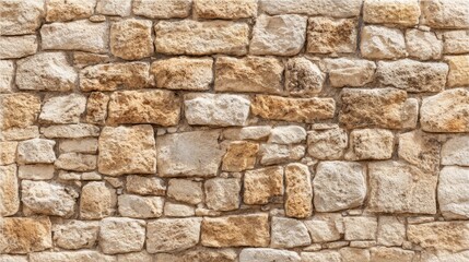 Fototapeta premium This sturdy wall features a mosaic of stones in diverse beige and brown shades, displaying a rustic aesthetic and natural weathering typical of traditional architecture.