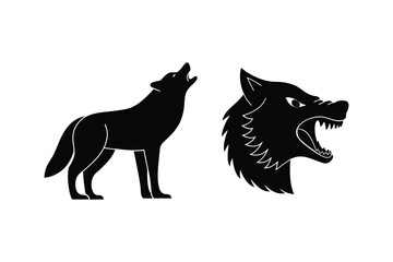 Howling Wolf and Snarling Head Silhouette Design Vector Illustration