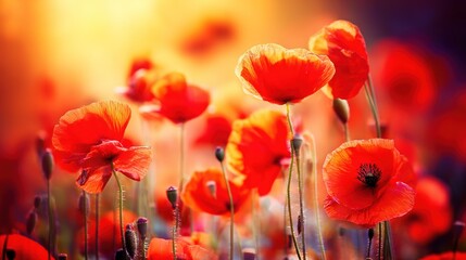 Fototapeta premium A vibrant sunset field adorned with red poppy flowers, bathed in warm golden light.