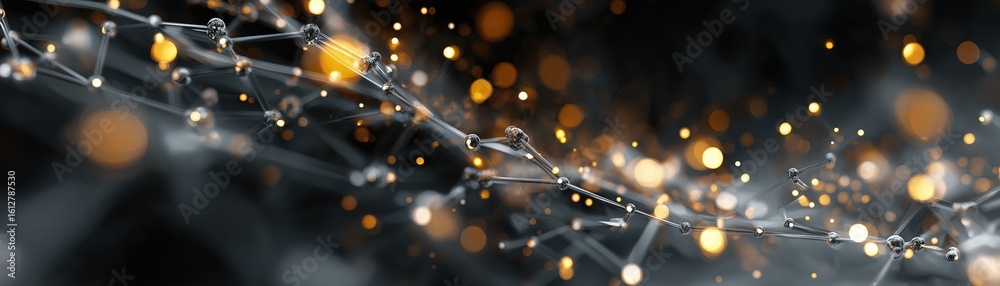 Poster abstract network of interconnected nodes with glowing golden particles creating a futuristic, dynami