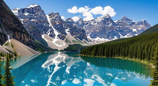 Majestic snowcapped mountains reflected in a clear turquoise lake