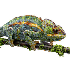 Obraz premium A chameleon displays its striking colors while gripping a natural branch on transparent background