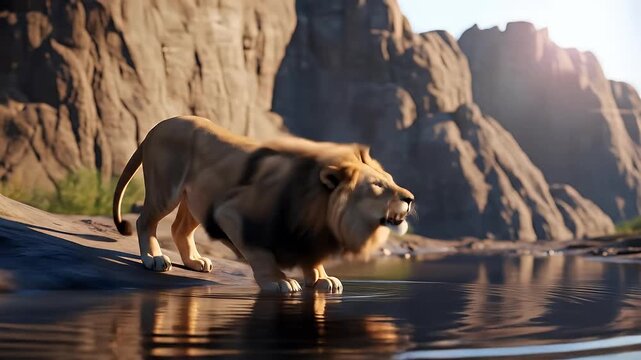 Lion roaring near canyon stream with reflection for dramatic nature scene