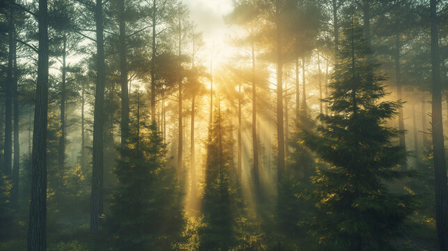 Sunbeams piercing through a misty pine forest at dawn