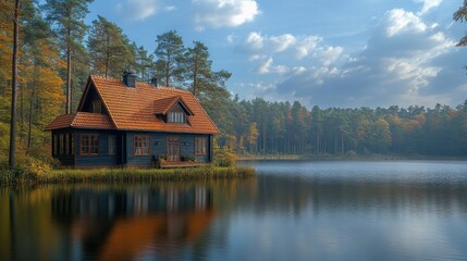 Nestled on the lakeshore, this inviting cottage offers a serene escape amidst beautiful nature, perfect for relaxation on a sunny day with gentle breezes.