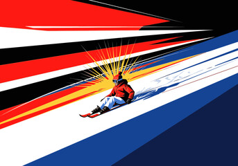 Dynamic illustration of a person sledding down a snowy hill with abstract, colorful speed lines.