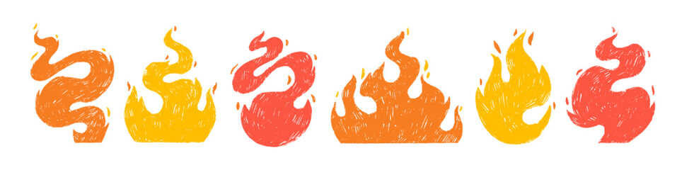 Crayon drawn red fire flames icons collection. Funky doodle flame stickers or tattoo. Punk and rock style symbols. Vector scribble illustration. Hand drawn bonfire sketch, energy symbols. © Anastasiia Hevko
