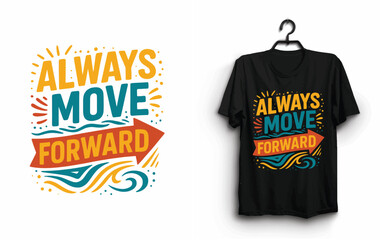 Always move forward t-shirt design with arrow and wave elements, This design concept features a black cotton men's t-shirt template with a front illustration for casual apparel