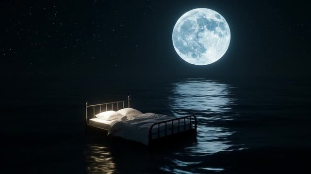 Floating bed on a night sea under a full moon