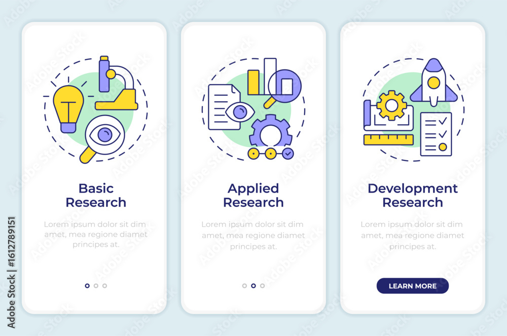 Wall mural types of research and development onboarding mobile app screen. walkthrough 3 steps editable graphic