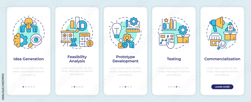 Wall mural innovation funnel onboarding mobile app screen. marketing research. walkthrough 5 steps editable gra