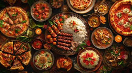Diverse assortment of international dishes displayed on a table.