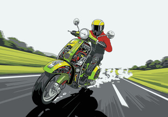A detailed illustration of a rider on a green scooter at high speed, with a cutaway view revealing the internal engine and mechanics.