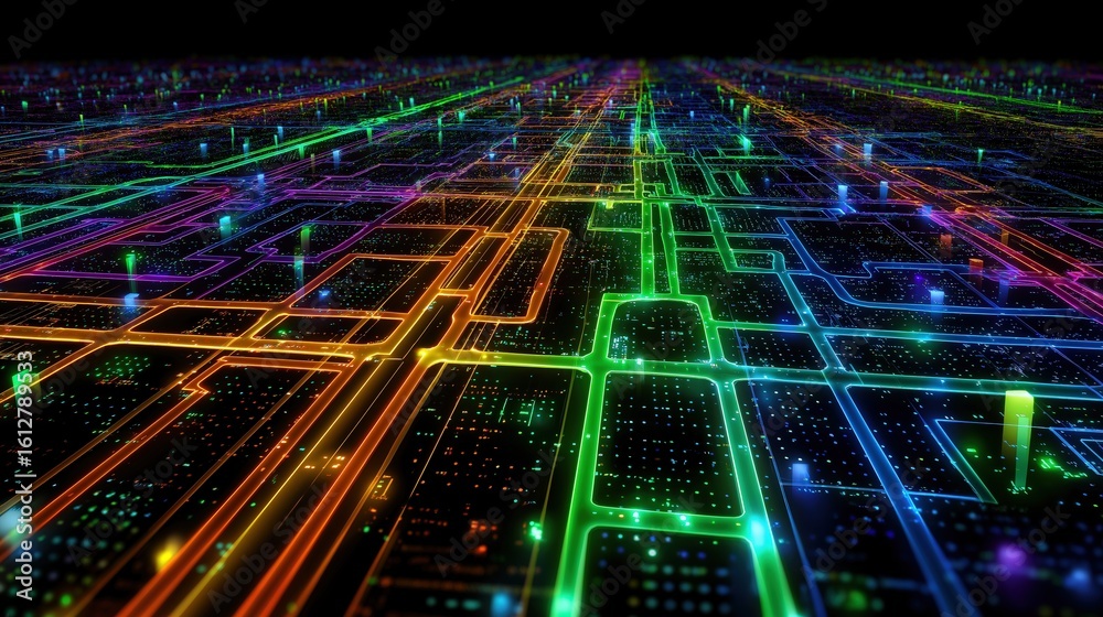 Poster a vibrant digital circuit board with glowing neon pathways and nodes, representing advanced technolo