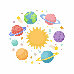 Funky crayon drawn planets, asteroids, stars and constellations