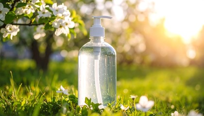 Transparent bottle of hand sanitizer sits in a sunny spring garden amidst blooming flowers and green grass