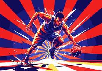 A dynamic graphic illustration of a male basketball player dribbling with intense energy and focus.