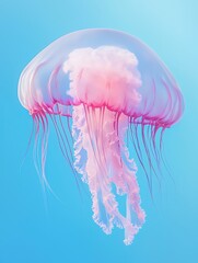 Translucent pink jellyfish drifting through vivid blue waters, trailing delicate tentacles in mesmerizing underwater marine environment