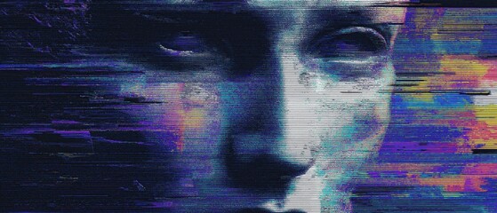 A digital abstract portrait of a human face with glitch effects and vibrant horizontal lines in blue, purple, orange, and white tones.