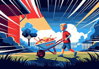 Obraz premium A young boy pushes a wheelbarrow full of apples in a vibrant, stylized backyard illustration.