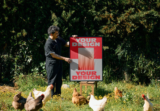 Mockup Of Man With Vertical Customized Framed Poster And Hens
