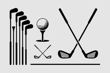 Collection of golf equipment and accessories on a plain background