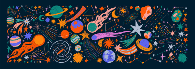 Colorful crayon drawn stars, comets, planets and asteroids collection. Funky doodle outer space childish drawings. © Anastasiia Hevko
