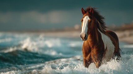 Horse galloping through ocean waves at sunset on a serene beach