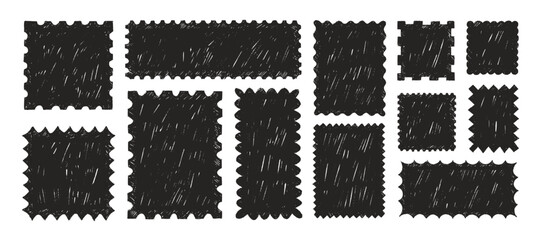 Crayon drawn vintage postcard stamp or picture frames. Graphic post card stamp illustrations. Rectangle and square tex boxes with wavy or zigzag edges. Black whimsical boarders and frames.