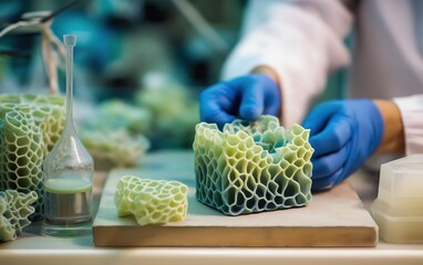 A researcher wearing blue gloves examines a 3D-printed honeycomb structure in a lab setting, focusing on biomimetic design and advanced materials.