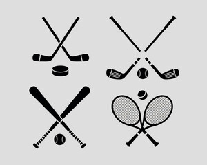 Collection of crossed sports equipment icons with balls and puck