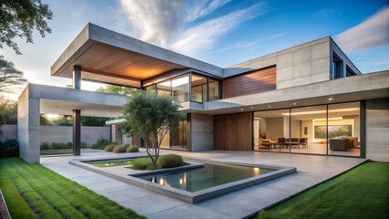 L-shaped modern house with open courtyard and concrete walls
