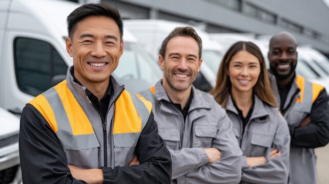 group of delivery drivers standing front of delivery vehicle