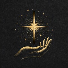 Golden starburst emanating from an open hand against a dark backdrop