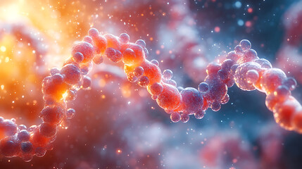 Vibrant scene of amino acids aligning to create organic chains in early life formation 