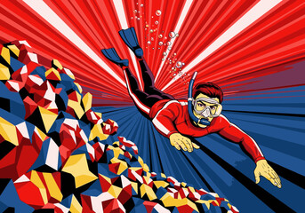 A man in a red wetsuit and snorkel swims through a surreal, abstract underwater world.