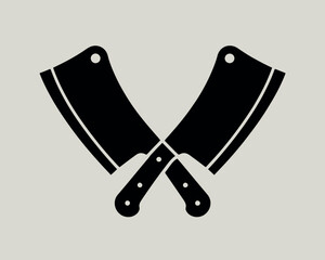 Two crossed butcher knives silhouette on a light background