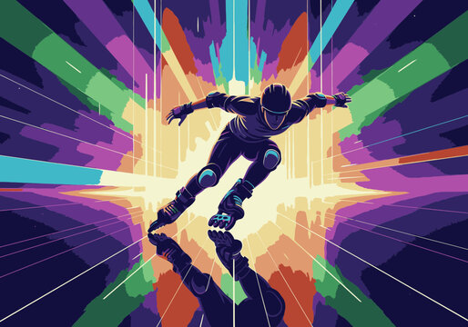 A dynamic inline skater speeds forward, reflected on a glossy surface against a vibrant, abstract background of radiating colorful lights.