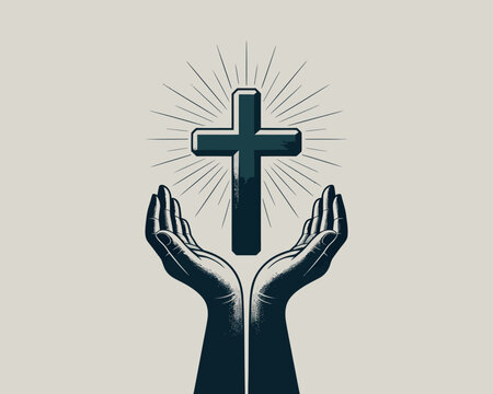 Hands holding a glowing cross with rays of light emanating outwards