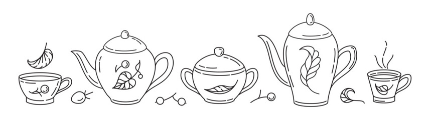 Cozy tea set vector black and white border. Hand-drawn monoline teapots and cups with autumn leaves