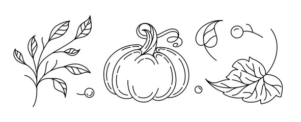 Pumpkin and leaves autumn black and white vector border. Hand-drawn monoline fall design with seasonal foliage