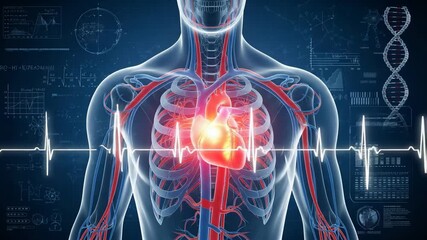 A vibrant digital illustration showcases the human heart and circulatory system, overlaid with medical data, ecg readings, and dna helix, symbolizing health and scientific advancement - Powered by Adobe